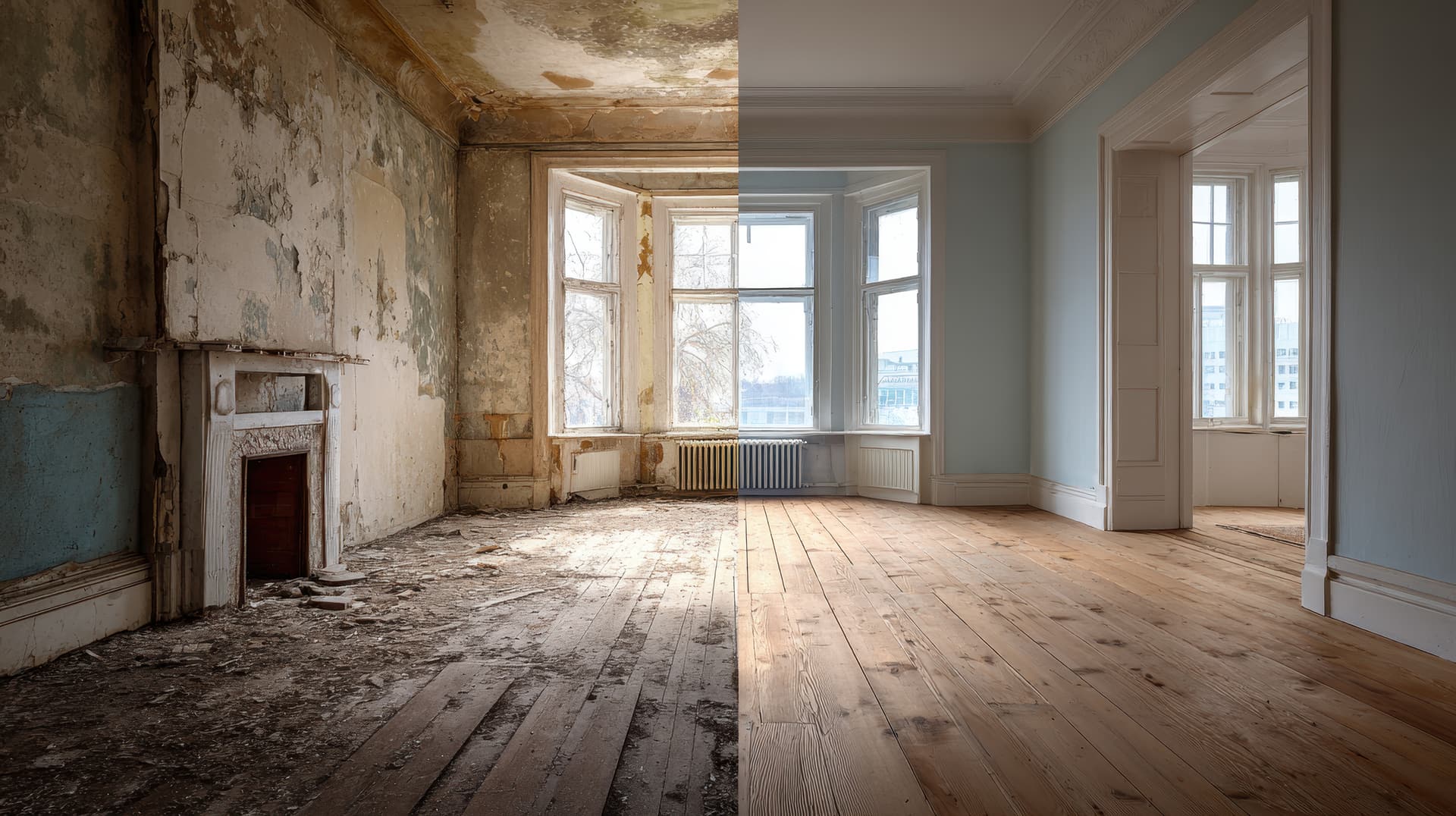 A property condition comparison showing deterioration and completed improvement.