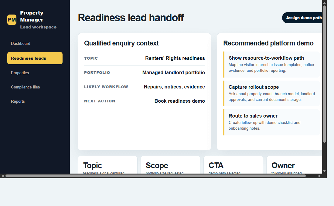 Platform backend screenshot showing a readiness lead handoff with topic, portfolio context, and next action.