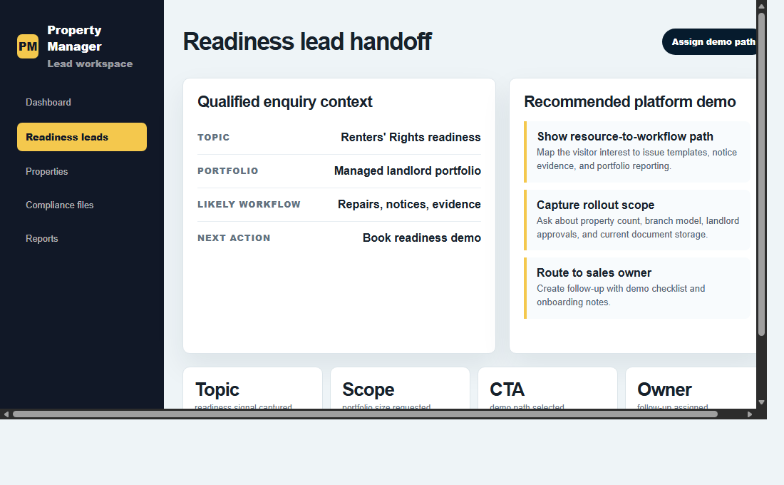 Platform backend screenshot showing a readiness lead handoff with topic, portfolio context, and next action.